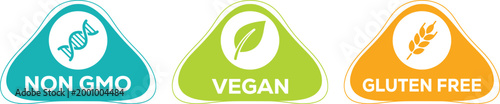 Non GMO Vegan Gluten Free Triangle Icons Set Healthy Food Labels Clean Diet Badge Vector