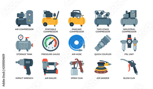 Air compressor components and pneumatic tools arranged in grid