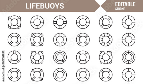 Nautical safety lifebuoy icons in outline editable vector format