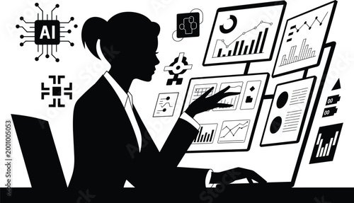  businesswoman, silhouette, computer, ai, graphs, charts, data analysis, office, work, woman, desk, screen, documents, statist Silhouette of businesswoman analyzing data on computer with ai and graphs