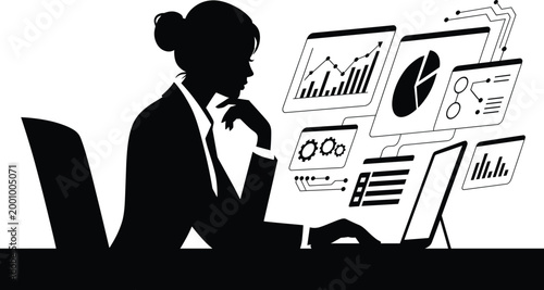 businesswoman, woman, silhouette, data analysis, graphs, charts, multiple screens, computer, office, workspace, business, finance, s Businesswoman analyzing data on multiple screens, graphs and charts