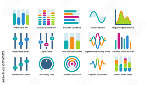 Collection of audio equalizer and waveform icons on white background
