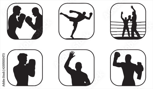 Sports and fitness silhouette icons showing boxing kickboxing and training exercises