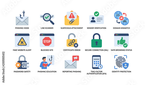 Security icons illustrating phishing threats and protection measures