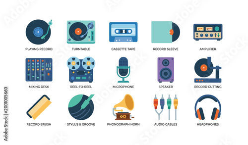 Audio and recording icons displayed in grid on white background