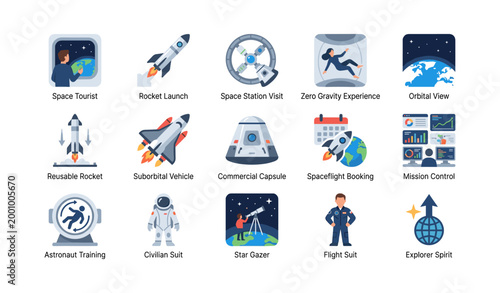 Space tourism and related mission icons on white background