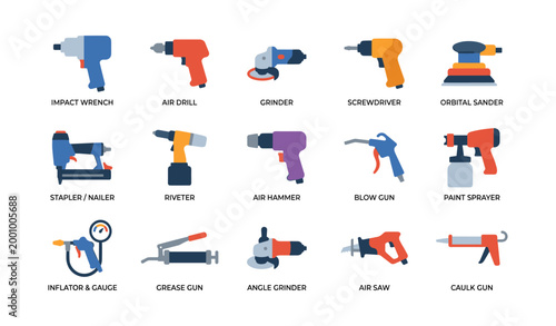 Set of pneumatic and power tools icons arranged on white background