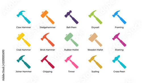 Hammer icons showing different types and tools on white background