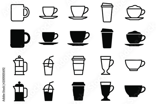 Coffee Cup Vector Icon Bundle – 10 Outline and 10 Silhouette Icons, Hot Drink Mug Collection, Minimal Line and Solid Black Vector Set.