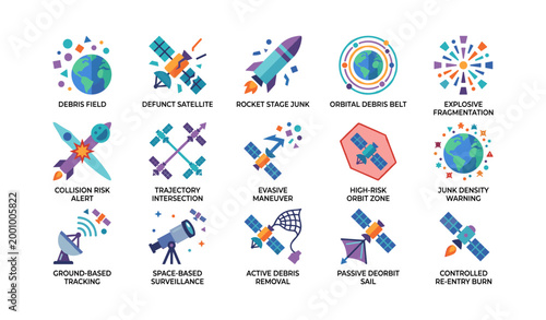 Space debris and satellite hazard icons arranged on white background