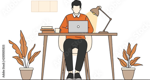 Person working on a laptop at a desk with plants and lamp home office remote work person at computer freelance computer technology education business interior illustration concentration