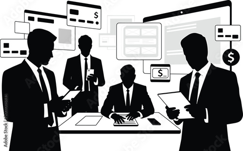 businessmen, suits, discussion, finance, credit cards, money, dollars, computer screens, papers, meeting, office, silhouettes, black an Businessmen in suits discussing finance, credit cards, and money