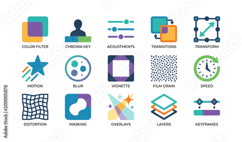 Video editing icons showing effects and controls on white background