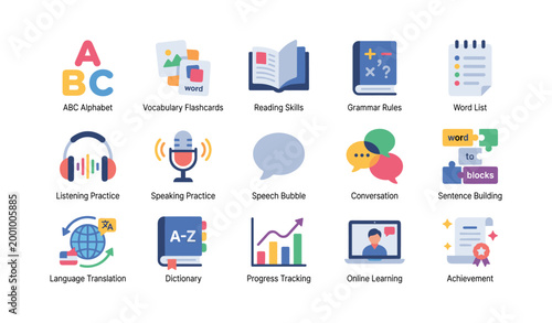 Educational icons depicting language learning on white background