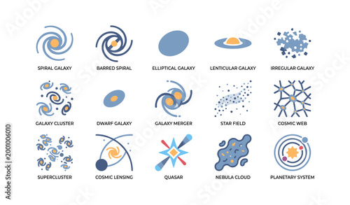 Variety of galaxy and cosmic icons arranged in grid on white