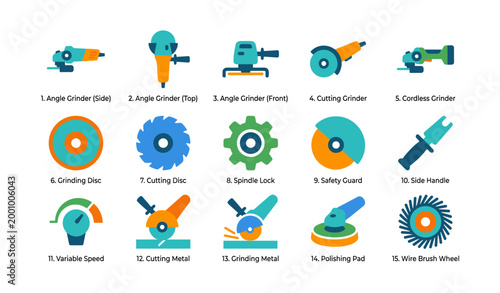 Angle grinder and accessory icons arranged in grid on white