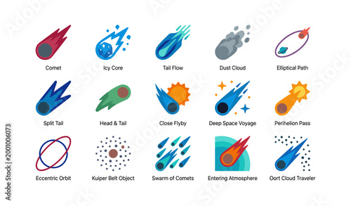 Comet and meteor icons displayed in a grid on white background