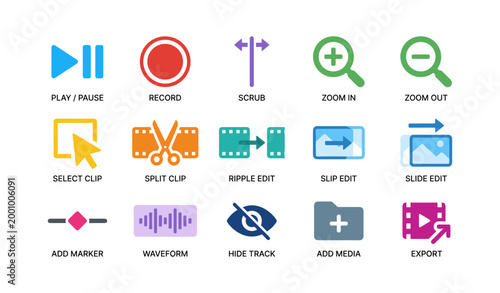 Video editing and playback icons displayed on white background