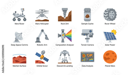 Mars exploration icons arranged in a grid on white background
