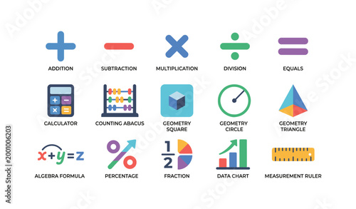 Mathematics icons arranged in grid on white background
