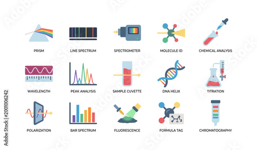 Optics and spectroscopy icons arranged in grid on white background