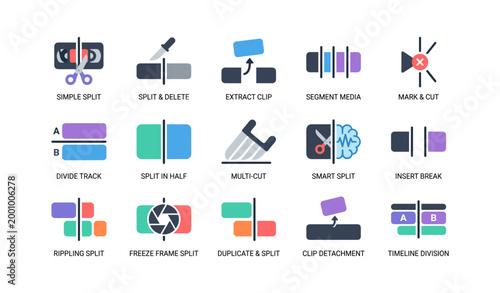 Editing icons illustrating split and clip operations in timeline