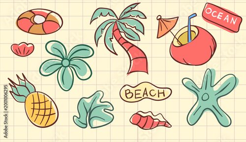 Summer Beach Elements Palm Tree Coconut Seashell Flower Tropical Design 