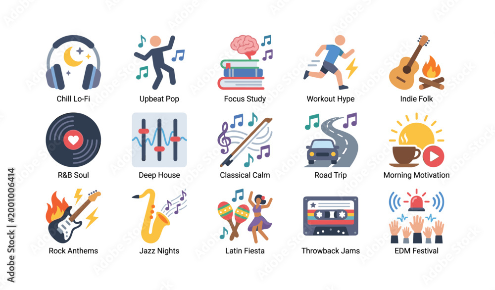 Fototapeta premium Music icons showing playlists genres and listening activities in grid