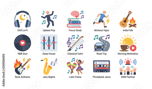 Music icons showing playlists genres and listening activities in grid