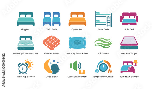 Bed type and sleep amenity icons arranged on white background