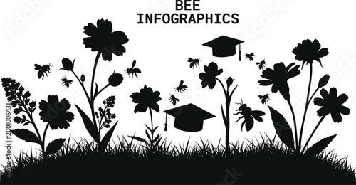 Graduation Season Bee Silhouette Illustration with Flowers and Grass