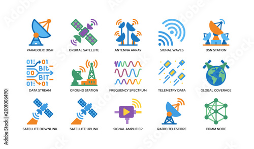 Satellite and communication icon grid showing signal concepts on white