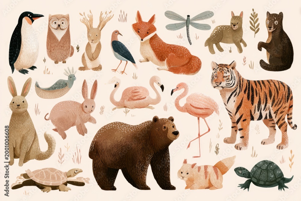 Fototapeta premium Cute animal illustrations, various species, pastel colors, flat design