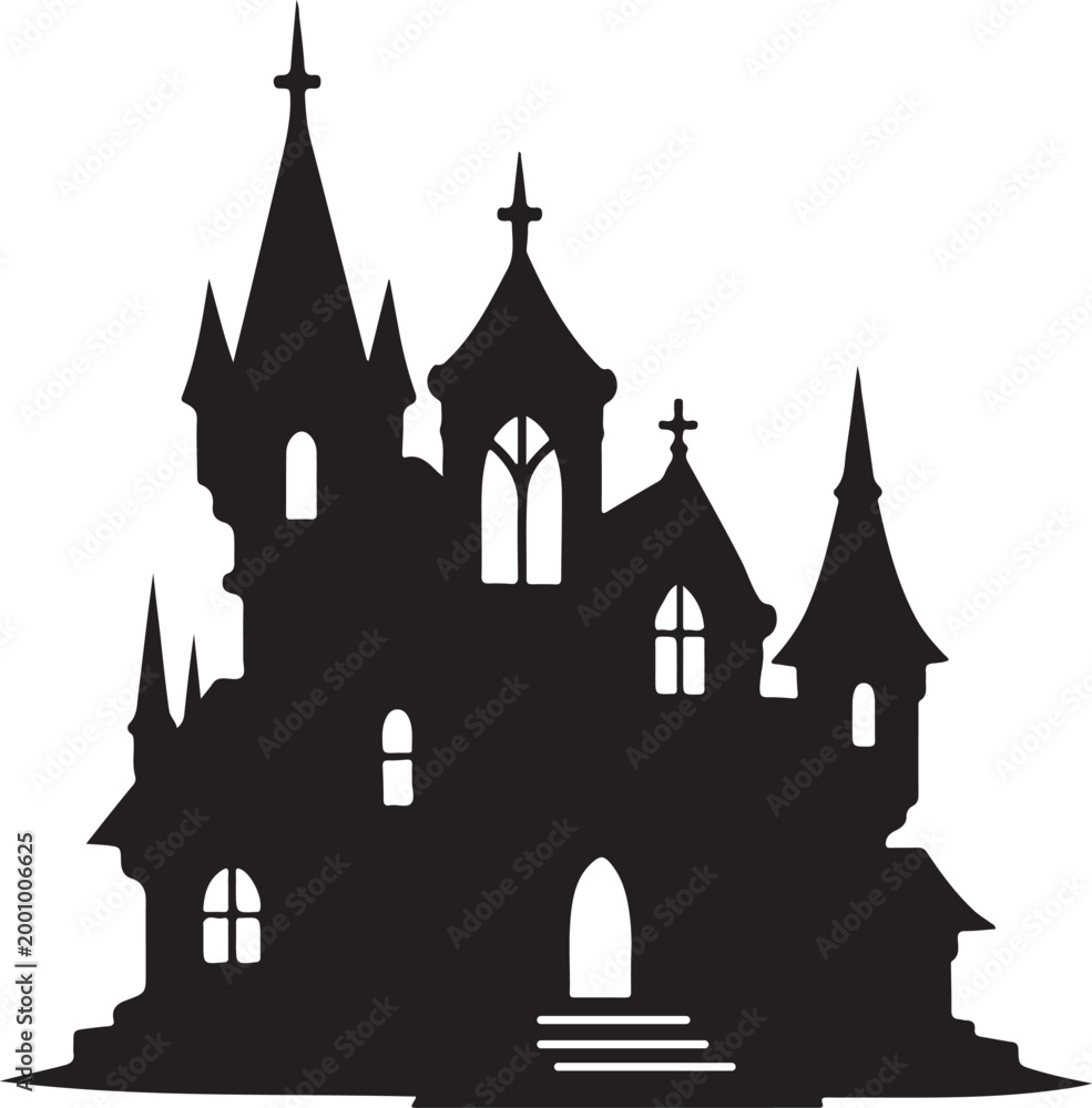 Fototapeta premium Black Castle Silhouette with Spires on White Background