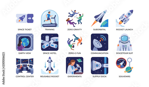 Set of space tourism and mission icons on white background