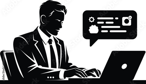 businessman, laptop, social media, thought bubble, typing, suit, tie, chair, desk, computer screen, gear, camera, lines, black and white,  Businessman typing on laptop with social media thought bubble