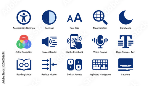 Accessibility icons showing settings and controls on white background