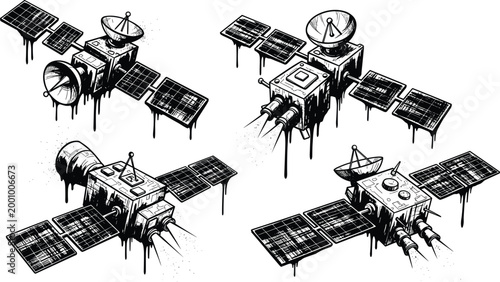 Satellite Spacecraft Illustration Collection Vector Set Featuring Orbiting Communication Satellites with Solar Panels Antennas and Space Technology Spray Paint Style Design