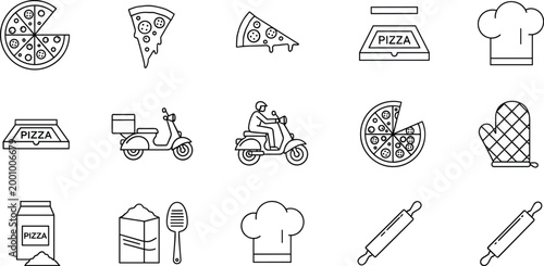 Pizza Delivery and Cooking Line Icon Set Featuring Scooter Courier Pizza Slice Box Chef Hat Oven Mitt Rolling Pin Kitchen Tools Vector Collection