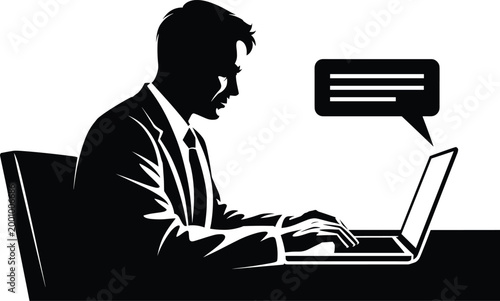 businessman, laptop, speech bubble, silhouette, black, white, office, work, typing, computer, communication, messaging, text, chat, co Businessman typing on laptop with speech bubble, black silhouette