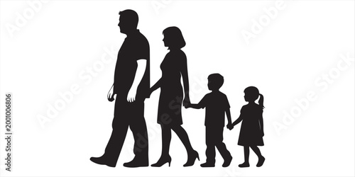 Silhouette of diverse families holding hands vector illustration of parents and children isolated on white background