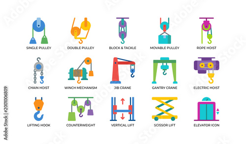 Pulley and hoist mechanisms arranged in icon grid layout