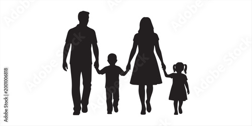Silhouettes of families holding hands with children of various ages on a white background Keywords: family, silhouette, people