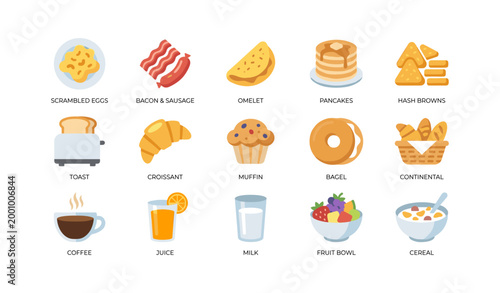 Breakfast food and beverage icons arranged in grid on white