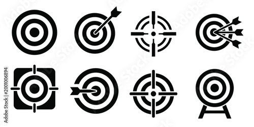 Collection of various black target icons on a for business and design use