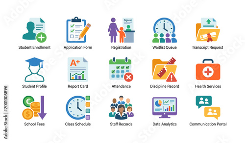 School administrative icons showing enrollment records and services