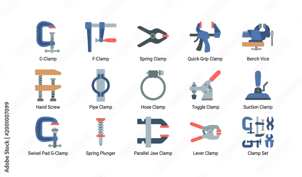 Fototapeta premium Clamps and vices arranged with labels on white background