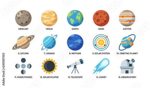 Planet and astronomy icons displaying solar system elements