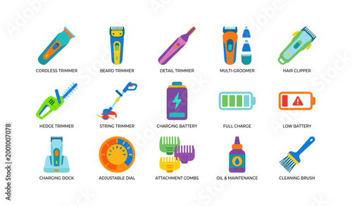 Hair trimmer and grooming icons showing devices and accessories
