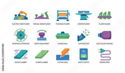 Wood planer tools and accessories arranged on white background